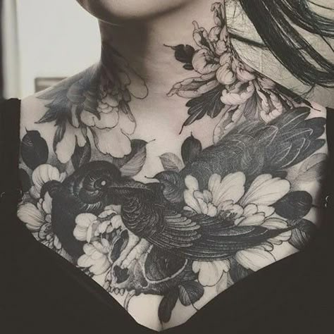 Raven female chest tattoo Female Chest Tattoo, Best Chest Tattoos, Tattoo Under Chest, Chest Neck Tattoo, Rose Chest Tattoo, Throat Tattoos, Gotik Tattoo, Full Chest Tattoos, Feminine Skull Tattoos