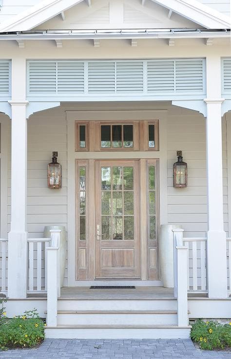 Revere Pewter Exterior, Benjamin Moore Revere Pewter, Craftsman Front Door, Gray Siding, Craftsman Front Doors, Cottage Porch, Beach House Exterior, Beach Bungalow, Revere Pewter