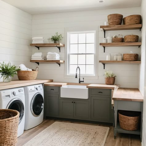 ⚠️LINK IN BIO⚠️ A functional modern farmhouse laundry room with shiplap walls, open shelving, and a farmhouse sink, combining practicality and style. #LaundryRoom #ModernFarmhouse #ShiplapWalls #OpenShelving #FarmhouseSink Laundry Room With Shiplap Walls, Modern Farmhouse Laundry, Cottage Laundry Room, Farmhouse Laundry Room Ideas, Modern Farmhouse Laundry Room, Country Laundry Rooms, House Laundry Room, Small Laundry Room Makeover, Shiplap Walls