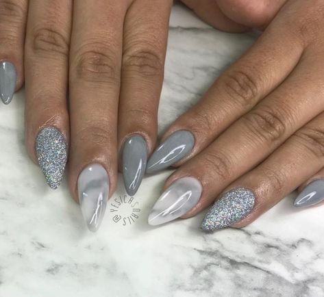 Almond Nails. Gray Nails. Marble Nails. Glitter Nails. Acrylic Nails. Gray Almond Nails Design, Gray Acrylic Nails Almond, Almond Nails Gray, Fall Nails Gray, Grey Almond Nails Design, Grey Almond Acrylic Nails, Almond Grey Nails Designs, Grey Nails With Glitter, Blue Gray Almond Nails