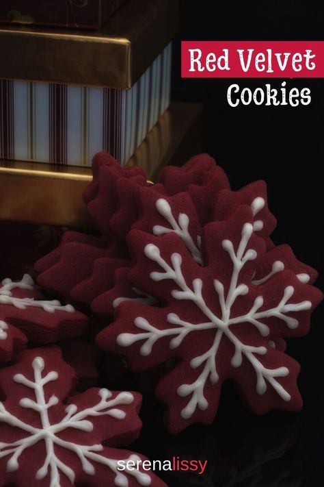 Take your Christmas cookie exchange to the next level this season with this easy & elegant decorated Christmas cookies. Sugar cookies get a twist with the delicious red velvet flavor. #cookies #holidaycookies #holidaybaking #SerenaLissy Christmas Cookies Sugar, New Year Desserts, Quick Christmas Dessert, Confectioners Sugar Icing, Decorated Christmas Cookies, Easy Dessert Recipes Christmas, Red Velvet Flavor, Powdered Sugar Icing, Red Velvet Recipes