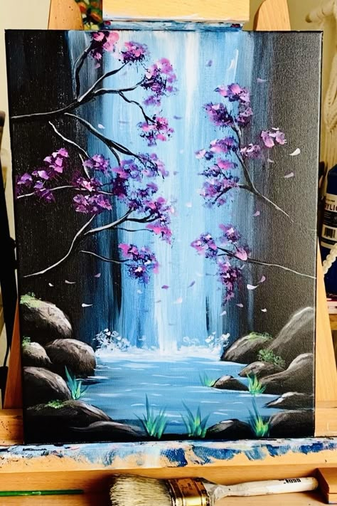 Waterfall Canvas Painting Easy, Canvas Painting Ideas Waterfall, Painting Ideas On Canvas Waterfall, Simple Waterfall Painting, Landscape Paintings Waterfall, Canvas Painting Waterfall, Waterfalls Acrylic Painting, Water Fall Painting Easy, Waterfall Acrylic Painting Easy