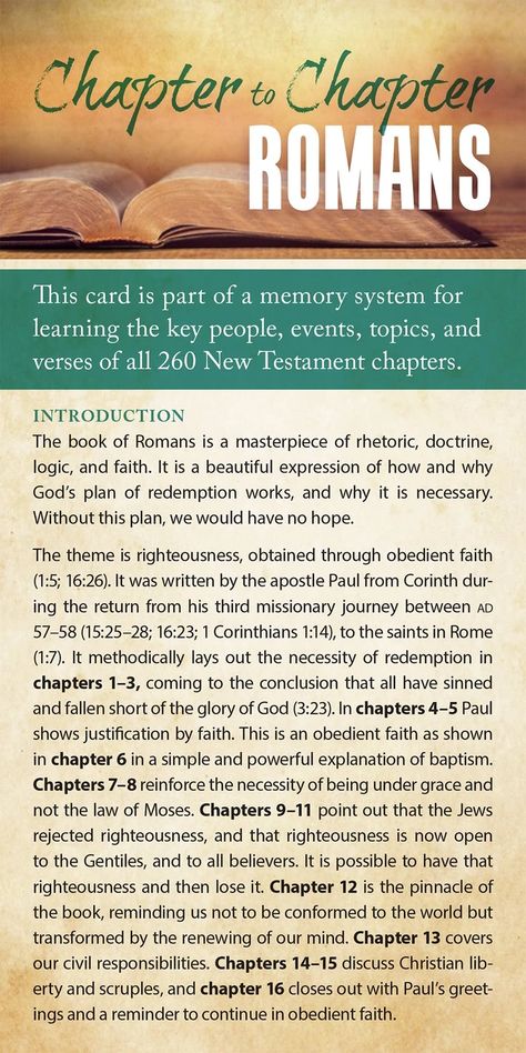 Chapter to Chapter - Romans (Pack of 10) Info-Cards or Oversize Bookmark– Glad Tidings Publishing Book Of Romans Bible Study, Book Of Romans Overview, Romans Bible Study, Book Of Romans, Romans 1:24-25, Biblical Knowledge, Romans 15:4 Scriptures, Romans Bible, Tattoos Architecture