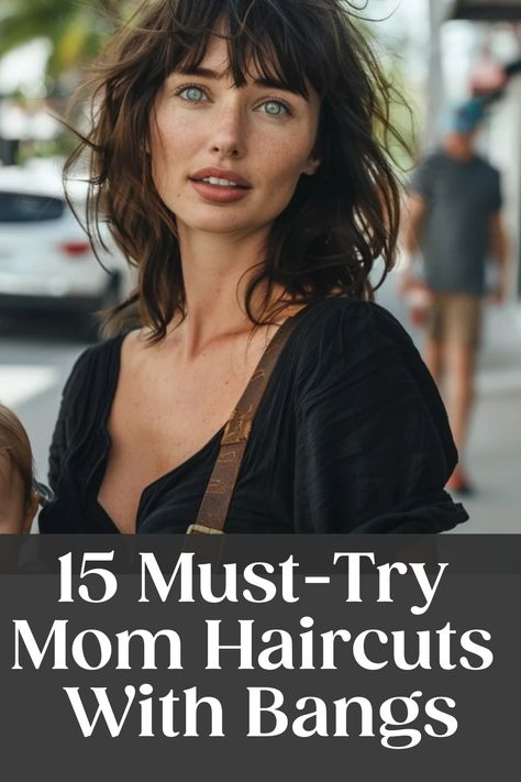 Young woman with bangs and casual outfit exemplifying a trendy mom haircut for the article. Easy Mom Haircut Thick Hair, Short Hair Mom Style, Bangs For Moms, Low Maintenance Bangs Short Hair, Low Maintenance Fringe Bangs, Bangs Low Maintenance, Short Hairstyle Women Low Maintenance, Lob With Layers And Bangs, Mom Bangs Hairstyles