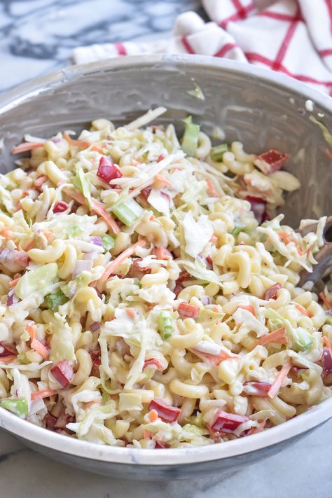 Coleslaw Macaroni Salad - Thyme & Love Macaroni Coleslaw Salad, Salad With Coleslaw, Macaroni Coleslaw, Homemade Coleslaw Dressing, Macaroni Pasta Salad, Coleslaw Salad, Vegetarian Salad, Homemade Coleslaw, Macaroni Salad Recipe