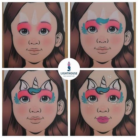 Face Painting Easy Unicorn, Unicorn Face Paint Easy Step By Step, Christmas Unicorn Face Paint, Unicorn Makeup Kids, Basic Face Painting, Unicorn Face Paint Easy, Quick Face Painting Ideas For Kids, Face Paint Template, Face Paint Unicorn