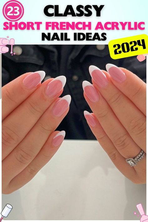 Elegant almond-shaped short French tip acrylic nails with white accents. Perfect for any occasion, these glossy nails elongate fingers and offer a classic, polished look. White Tips Acrylics Almond, Nail Inspo Coffin Short French Tip, French Classic Nails, Soft Coffin French Tip Nails, Almond Nails With White Tips, French Nails Rounded, Nail Shapes French Tip, Oval French Tip Nails Acrylics, French Nails Oval Shape