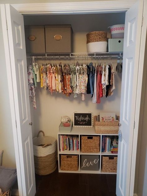 (paid link) What is the best way to store baby clothes? 2 Door Closet Organization, Nursery Without Closet Doors, Nursery Closet Toy Storage, Closet Organization Ideas Nursery, Nursery Closet Organization Sliding Door, Nursery Small Closet Organization, Small Closet Nursery, Small Baby Closet Organization, Closet Nursery Organization