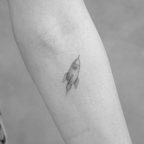 Single needle rocket tattoo located on the inner Fine Line Rocket Tattoo, Mini Rocket Tattoo, Rocketship Tattoo, Rocket Ship Tattoo, Evermore Tattoo, Rocket Tattoo, Tatoo Inspiration, Inner Forearm, Ship Tattoo