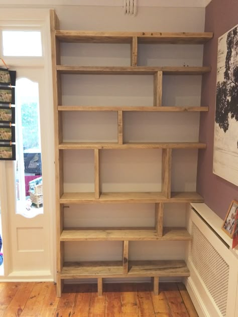 Scaffold Board Book Shelves, Homemade Bookshelf Ideas, Scaffold Board Shelves Living Rooms, Scaffolding Shelves Living Room, Built In Bookshelves Diy Library Wall, Bespoke Shelving, Bookshelves Around Doorway, Diy Shelving Ideas, Homemade Bookshelves