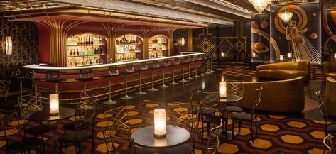 “The strongest influence for me was the bar that you see The Shining,” the designer says. “We wanted to reflect the relationship that Jack Nicholson has with the barman.” Dyas also gave a nod to the Kubrick film with the David Hicks–inspired carpet. Passengers Movie, Overlook Hotel Carpet, Sci Fi Wall, Overlook Hotel, Art Deco Bar, Movie Set, Art Deco Buildings, Lighting Concepts, Bar Art