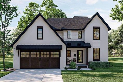 America's Best House Plans on Instagram: “A new Modern Farmhouse design, Plan 963-00496 delivers 2,056 sq. ft., 3 bedrooms, 2.5 bathrooms, a formal living room, an office, and a…” 2 Story 3 Bedroom House Plans, 2 Story Modern Farmhouse, Porch Shelter, House Plans 2 Story, Covered Front Porch, Coral House, Farmhouse Styling, Advanced House Plans, Spec House