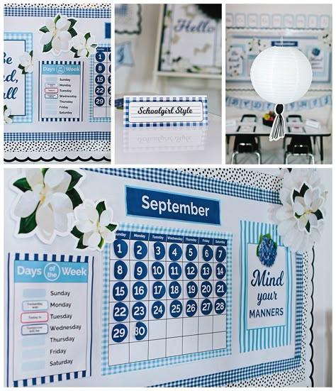 Black White And Blue Classroom, Light Blue Bulletin Board, Blue Classroom Aesthetic, Blue Theme Classroom Ideas, Classroom Blue Theme, Blue Classroom Decor Ideas, Blue And White Classroom Decor, Red And Blue Classroom Theme, Shades Of Blue Classroom