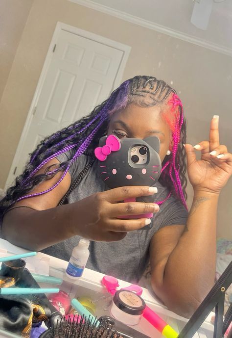 Pink And Blue Peekaboo Braids, Purple Knotless Braids, No Fuss Hairstyles, Afro Ponytail Hairstyles, Hairstyles For Knotless, Hairstyles For Knotless Braids, Undercut Hairstyle For Men, Color Braiding Hair, Braids With Color