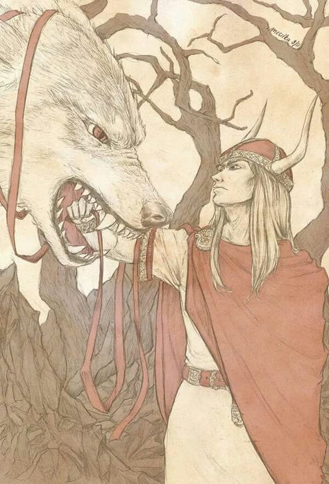 Tyr & Fenris Odin Mythology Art, Tyr Norse Mythology, Tyr And Fenrir, Odin Mythology, Tyr God, Fenrir Art, Tyr Fenrir, God Of Justice, Horned Helmet