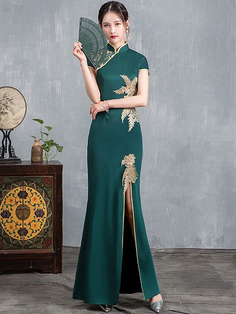 Olive Green Beaded Split Front Long Qipao / Cheongsam Dress - CozyLadyWear Shanghai Dress, Chinese Dress Modern, Long Qipao, Style For Wedding, Mandarin Dress, Chinese Fancy Dress, Cheongsam Modern, Chinese Cheongsam, Chinese Style Dress