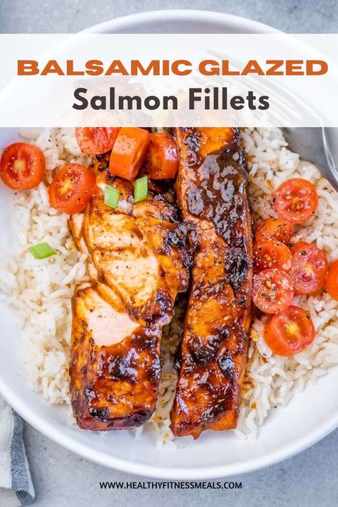 Balsamic Glazed Salmon is flavorful, easy to make, and ready in less than 20 minutes! You are going to love everything about this recipe! Balsamic Salmon, Pasta Salad Salmon, Honey Mustard Salmon, Salmon Glaze Recipes, Healthy Fitness Meals, Glazed Salmon, Baked Salmon Recipes, Delish Recipes, Baked Salmon