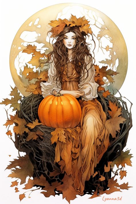 #Halloween #autumn Autumn Queen Art, Autumn Witch Art, Autumn Fantasy Art, Fall Goddess, Autumn Fae, Autumn Elf, Pumpkin Fairy, Illustration Journal, Autumn Witch