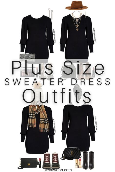 Plus Size Black Sweater Dress, Plus Sweater Dress, Plus Size Sweater Dress With Boots, Black Sweater Dress Outfit With Boots, Plus Size Weekend Outfit, Plus Size Sweater Dress Outfit, Dress With Boots Plus Size, Black Sweater Dress Outfit Winter, Sweater Dress Outfit Black Women