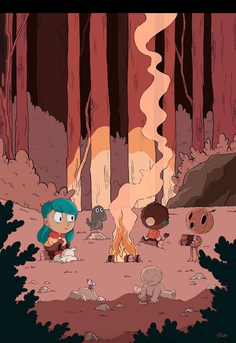 Hilda And Twig, Hilda Wallpaper Phone, Woodman Hilda, Hilda Wallpaper, Twig Hilda, Campfire Illustration, Hilda Art, Campfire Drawing, Art Procreate