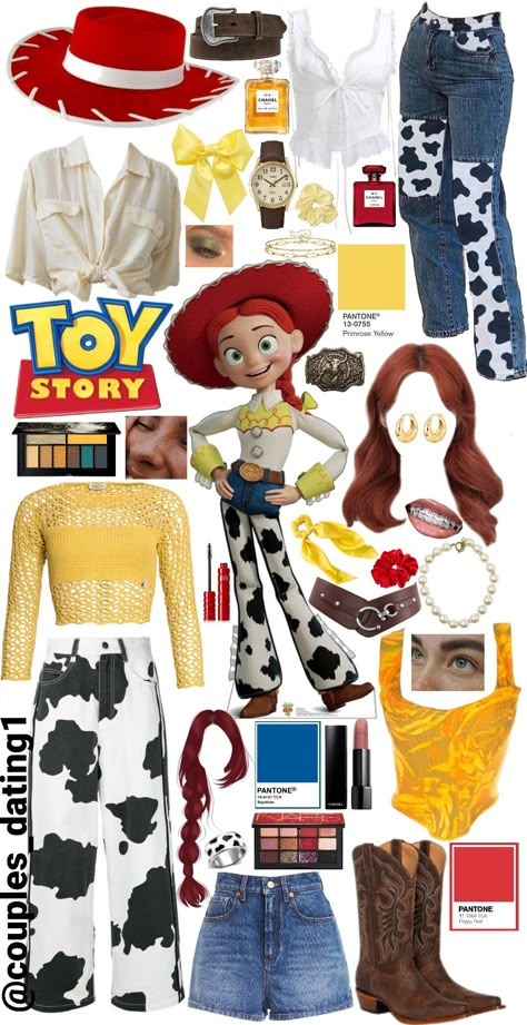 Collage of clothing inspiration to create a DIY Jessie (Toy Story) Halloween costume. Lots of cow print and cowboy attire, Red hair, yellow clothes. Cute Disney Themed Outfits, Disney World Costume Ideas, Disney Themed Costumes For Women, Disney Outfits Characters, Halloween Costumes Disney Characters, Out Of The Toy Box Outfit, Cute Toy Story Costumes, Disney Character Outfit Ideas, Jesse Toy Story Inspired Outfit