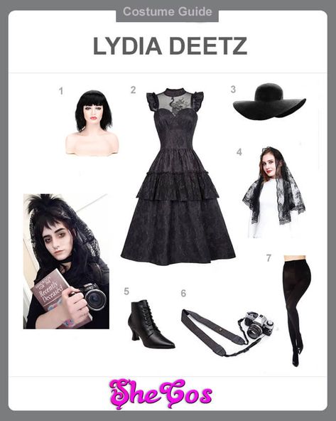 Lydia Deetz black dress cosplay guide Lydia Deetz Black Outfit, Lidia Deetz Costume, Lydia Deetz Costume Black, Diy Lydia Deetz Costume, Lydia Beetlejuice Costume, Beetlejuice Outfits, Lydia Deetz Costume, Lydia Deetz Cosplay, Beetlejuice Wedding