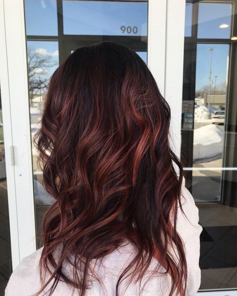 Dark Root With Red Balayage, Dark Root With Red Hair, Dark Brown Hair With Natural Red Highlights, Dark Brown And Auburn Balayage, Red Violet Balayage Brunette, Dark Red Hair With Dark Roots, Dimensional Dark Red Hair, Brunette With Red Tint, Dark Roots With Red Balayage