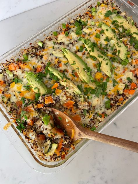 Quinoa Veggie Bake – Katie Austin Black Bean Bake, Quinoa Casserole Recipes, Bean Bake, Veggie Bake, Large Zucchini, Katie Austin, Vegetarian Casserole, Quinoa Casserole, Vegetable Quinoa