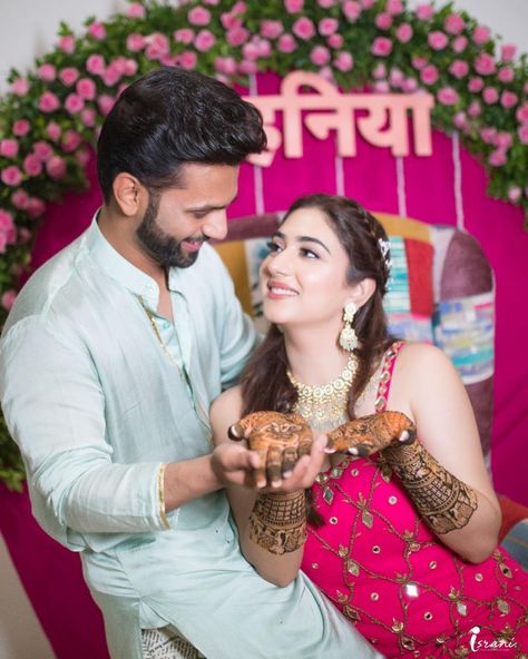 an intimate, at home mehndi for Rahul Vaidya & Disha Parmar Mehndi Poses For Bride And Groom, Mhendi Pose For Couple, Teej Photoshoot Couple, Teej Special Pose, Mahendi Couple Poses, Mehndi Poses Photography Couple, Mehendi Poses For Bride And Groom, Mehendi Photoshoot Couple, Mehandi Couple Poses