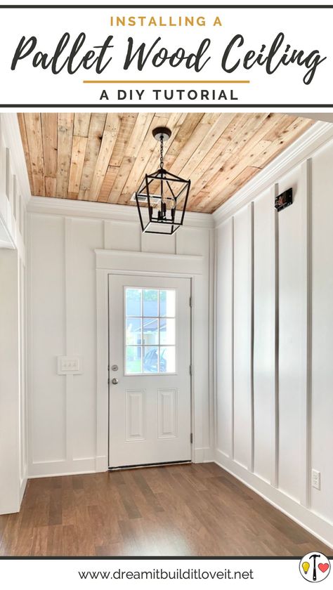 Pallet Wood Ceiling, Ceiling Remodel, Wood Plank Ceiling, Diy Ceiling, Wood Ceiling, Basement Design Ideas, Reclaimed Pallet Wood, Up House, Basement Renovations