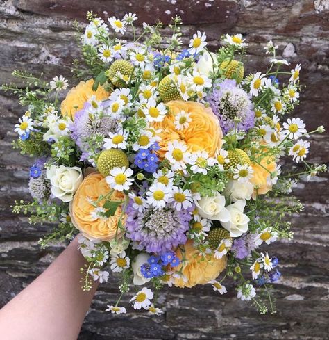 Purple And Yellow Wedding Flowers, Yellow And Blue Wedding Flowers, Yellow And Blue Wedding Theme, Purple And Yellow Bouquet, Blue Wildflower Bouquet, Wedding Blue And Yellow, Blue And Yellow Bouquet, Yellow Wedding Flowers Bouquet, Blue Yellow Weddings