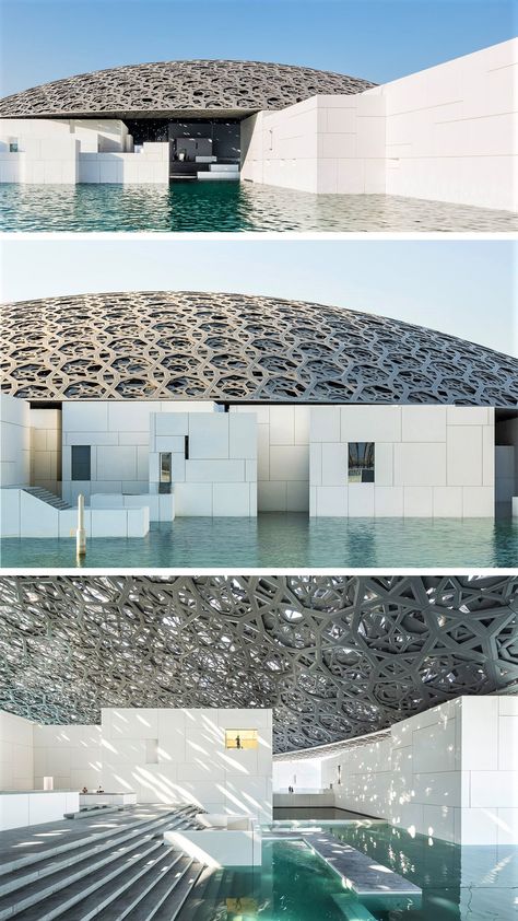 Dome Architecture Design, The Louvre Abu Dhabi, Abu Dhabi Architecture, Uae Architecture, Louvre Abu Dhabi, Contemporary Office Design, Water Architecture, Museum Design, Jean Nouvel