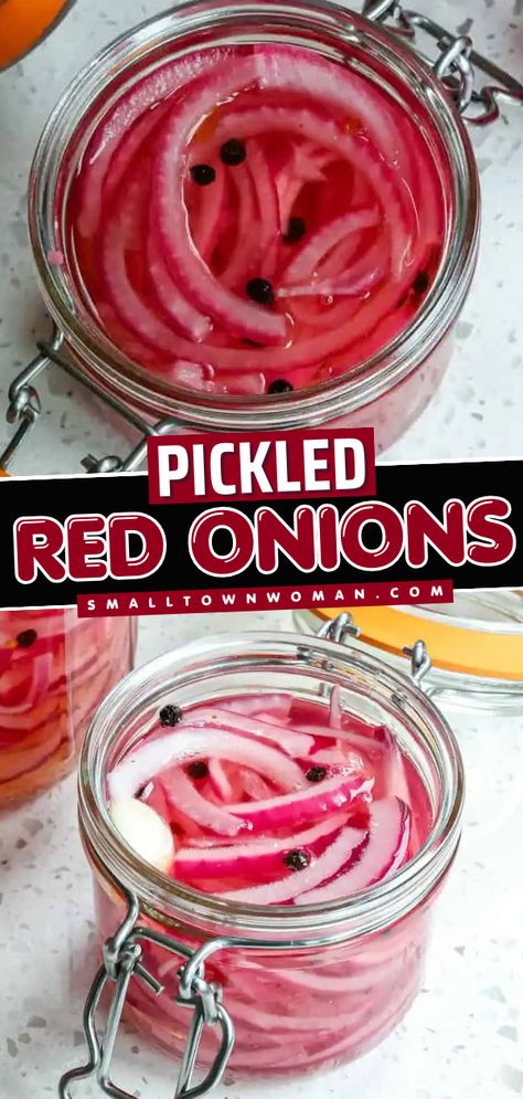 Spice up your meals with an easy summer BBQ side dish! This Pickled Red Onions recipe features a handful of ingredients that you can easily make a tangy and flavorful onion. Serve it with burgers, sandwiches, and more, and pair it with your 4th of July food! Picked Onions Quick, Quick Pickle Onions, Candied Red Onions, Asian Pickled Onions, Easy Pickled Red Onion Recipe, Spicy Pickled Onions Recipe, Quick Pickled Onions Red, Refrigerator Pickled Red Onions, Canned Pickled Onions Canning Recipes