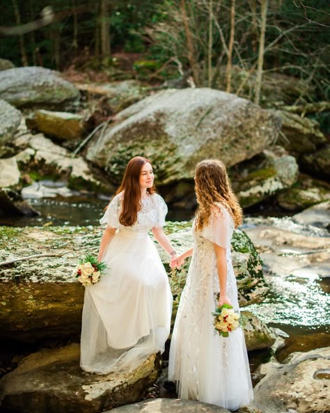 North Carolina, lesbian elopement, lesbian wedding, WLW, sapphic, cottage core, fairy core, witchy wedding, outdoors wedding, wedding dresses, wedding flowers Feminine Lesbian Wedding, Ethereal Lesbian Wedding, Lesbian Fairytale Wedding, Lesbian Forest Elopement, Witchy Lesbian Wedding, Lesbian Cottage Core Aesthetic, Cottage Core Lesbian Wedding, Sapphic Wedding Ideas, Cottagecore Lesbian Aestethics