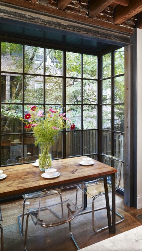 Houzz Dining Corner, Pool Design, Garden Gate, Dining Room Inspiration, Floor To Ceiling Windows, Farm Table, Style At Home, Wainscoting, Bay Window