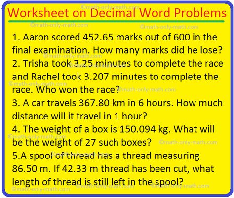 Worksheet on Decimal Word Problems Decimals Worksheets 5th Grades, 7th Grade Math Problems, Multiplying And Dividing Decimals, Decimals Addition, Decimal Word Problems, Class 6 Maths, Multiplication Word Problems, Math Decimals, Fraction Word Problems