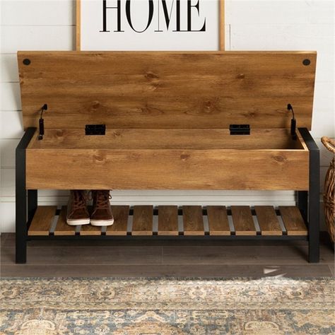 Flip Top Storage Bench, Slatted Shelves, Walker Edison, Shoe Shelf, Modern Farmhouse Style, Barnwood, Rustic Design, Inspired Homes, Traditional House