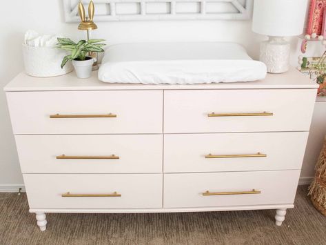 Check out this blog post to see how I did this pink IKEA dresser hack. Turn a simple IKEA Tarva dresser into the dresser of your dreams! https://arinsolangeathome.com #ikea #ikeahack #ikeatarva Tyssedal Dresser, Girls Room Dresser, Ikea Brimnes Cabinet, Brimnes Cabinet, Neutral Rainbow Nursery, Painted Bathroom Floors, Ikea Brimnes, Tarva Dresser, Ikea Dresser Hack