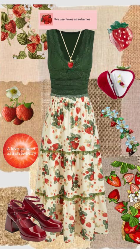 Strawberry cottagecore outfit Strawberry Cottagecore, Colorful Cottagecore, Cottagecore Outfit, Cottagecore Outfits, Food Themes, My Style, Color