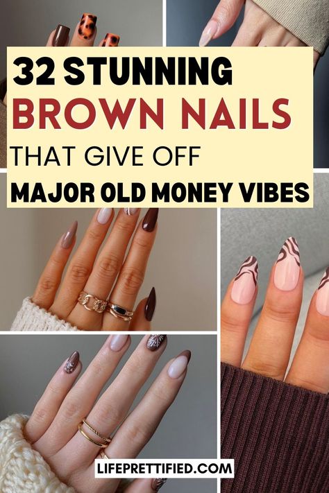 32 Brown nail designs for fall! brown nail art, brown nail inspo, brown nail ideas, brown nail polish, brown nails short, brown french tip nails, brown nails design, and brown nails aesthetic. Brown Nail Gel Designs, Early Fall Nails Designs, Short Brown French Tip, Short Brown French Tip Nails, Brown Nails With Design, Brown And Black Nails, French Tip Nails Brown, Brown Fall Nails Designs, Brown Nails Aesthetic