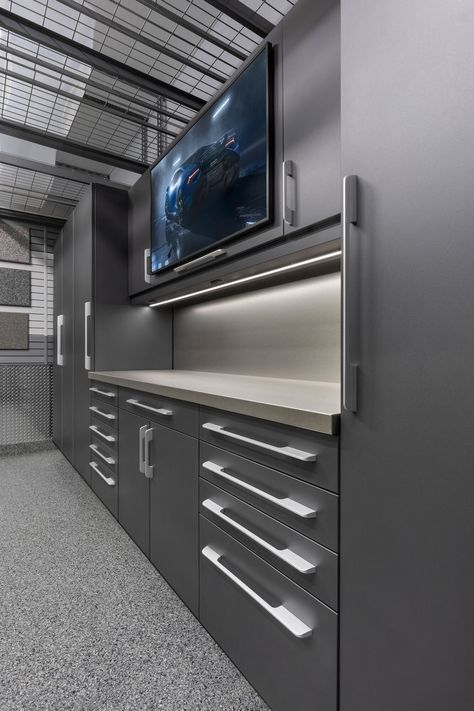 Corporate - Products - TECNICA Toolshed Organization Ideas, Long Garage Ideas, Husky Garage Cabinets, Garage Business Setup, One Car Garage Storage Ideas, Car Garage Ideas Man Caves, Single Car Garage Ideas, Modern Garage Design Interior, Barn Cabinets