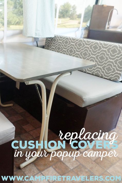 Camper Seat Covers Diy, Diy Rv Bench Seat Covers, Rv Cushion Covers Diy, Pop Up Camper Cushions, Rv Cushion Covers, Pop Up Camper Cushion Covers, Rv Remodel On A Budget, Fabric For Camper Cushions, Reupholster Trailer Cushions