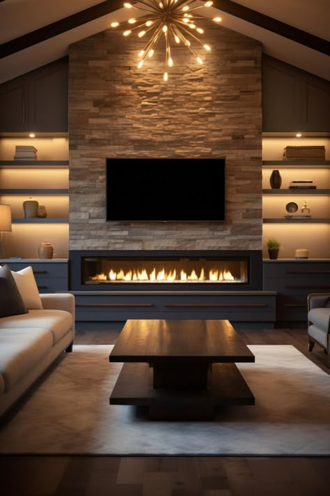 30 Ways To Decorate Your Fireplace With Built-Ins on Each Side Family Room With Electric Fireplace, Fireplace With Two Windows, Fireplace In The Living Room, Great Room Ideas With Fireplace, Fireplace In Wall Between Rooms, Talk Fireplace Ideas, Large Electric Fireplace With Mantle, Living Room Feature Wall With Fireplace, Fireplace Tv Wall High Ceiling