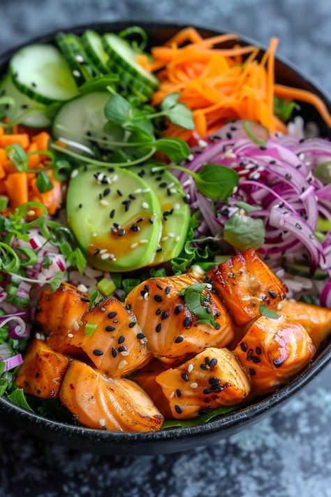 Looking for a nourishing meal prep option? Try delicious salmon bowls! Packed with healthy fats and protein, these salmon bowls are not only easy to make but also a great choice for a nutritious meal. Whether you're into meal prepping or simply want to enjoy a quick and healthy dish, these salmon bowl recipes are perfect for satisfying your cravings while keeping you energized throughout the day. Say goodbye to boring meals and hello to flavorful, wholesome ingredients with these scrumptious sal Veggie Salmon Bowl, Low Meat Meals, Salmon Teriyaki Bowl Recipe, Cold Salmon Bowl, Simple Poke Bowl, Salmon Keto Bowl, Delicious Protein Meals, Clean Eating Asian Recipes, Salmon Bang Bang Bowl