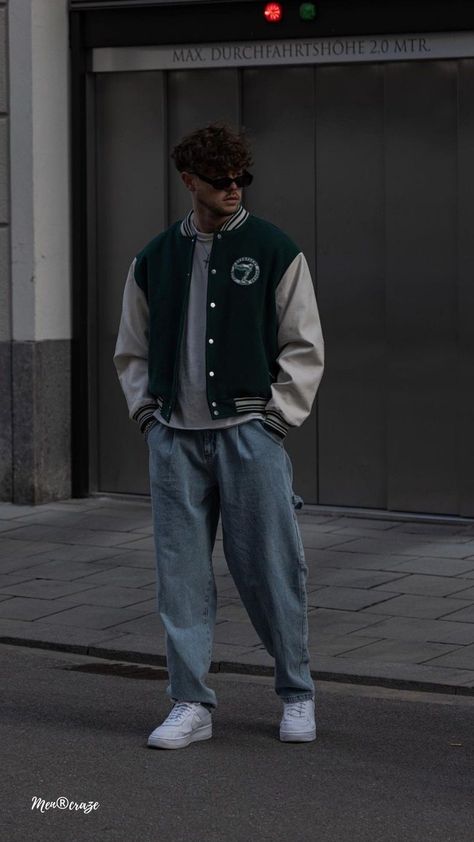 Vintage Streetwear Men Outfits, Vintage Streetwear Men, Baseball Jacket Outfit, Sporty Outfits Men, Varsity Jacket Outfit, Outfits Men Streetwear, Jeans Outfit Men, Trendy Boy Outfits, Mens Trendy Outfits