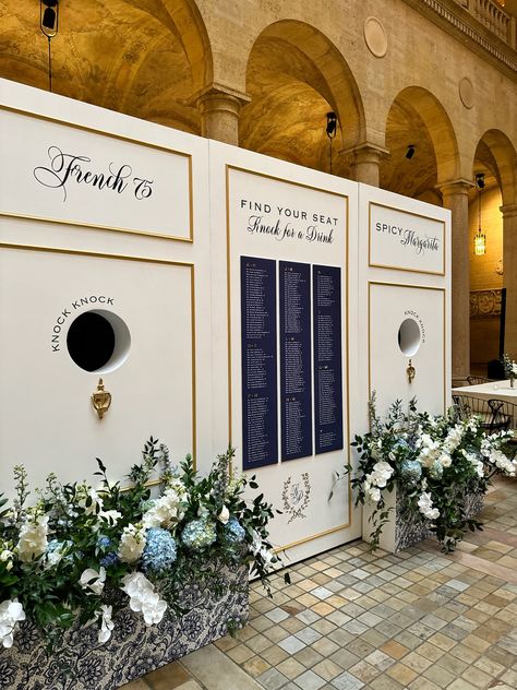 Upgrade your wedding happy hour with our unique cocktail wall and custom door knockers. With a reach-through hole to request your favorite concoctions, this interactive experience will take your drink experience to a whole new level.  Available to rent in Kansas City!  #CustomCocktailWall #KnockKnockCocktailWall #LuxuryWedding #UniqueWeddingExperience Wedding Happy Hour, Disco Letters, Event Venue Spaces, Cocktail Wall, Luxury Lounge, Romantic Backdrop, Unique Cocktails, Custom Cocktails, Kansas City Wedding