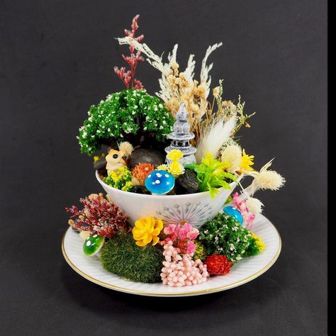 Teacup Fairy Garden Miniatures Arrangement Cup and Saucer Floral Decor Eschenbach Bavaria Fontaine Oattern - Etsy Teacup Fairy Garden, Tea Cup Garden, Tea Cups Diy, Tea Cup Crafts, Fairy Garden Miniatures, Teacup Crafts, Artsy Crafts, White Fairy Lights, Fairy Garden Designs