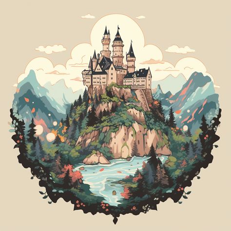 A character. Similarly shaped castles, such as Neuschwanstein Castle. A fairytale-style castle that stands on a cliff. A medieval village is built around the castle, and there is a huge lake next to the castle. The mountain range in the distance looks like the Alps Medieval Illustration Fantasy Art, Castle On A Hill Drawing, Neuschwanstein Castle Drawing, Fairytale Castle Illustration, Fairytale Castle Art, Castle Built Into Mountain, Castle Illustration Fairytale, Medieval Castle Drawing, Fantasy Castle Drawing