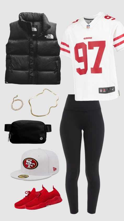 Niners Outfit Women, Cute Outfits For Nfl Football Games, 49ers Game Outfit Women, Nfl Training Camp Outfit, Football Season Outfits For Women, 49er Women Outfit, 49ers Football Game Outfit, Super Bowl Outfits For Women 49ers, Cute 49ers Outfit Women