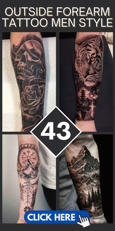 Discover 43 epic outside forearm tattoo ideas for men, including unique styles and simple designs. Perfect for showcasing your personality and style. #ForearmTattoos #TattooDesigns #MensTattoos Real Forearm Tattoo, Arm Tattoos For Guys Forearm Ideas, Coolest Forearm Tattoos For Men, Mens Mountain Tattoo Half Sleeves, Forearm Nature Tattoo Men, Angel Half Sleeve Tattoo Men, Tattoo Ideas Male Forearm, Mens Tatoos Idea, Teen Boy Tattoo Ideas